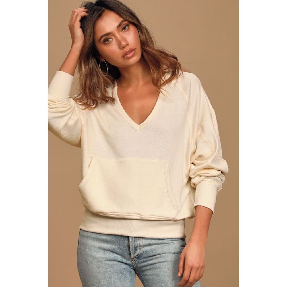 Lulus Weekend On The Mind Cream Pullover Hoodie Beige - Size M